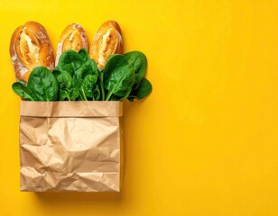 Bag of groceries on yellow; bread and spinach