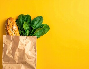 Brown paper bag overflowing with spinach & bread, set against bright yellow