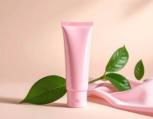 Pink cosmetic tube with foliage & silk against a soft pink backdrop