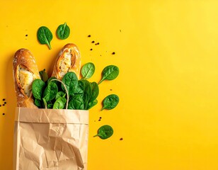 Paper bag overflowing with fresh bread and leafy greens on bright yellow