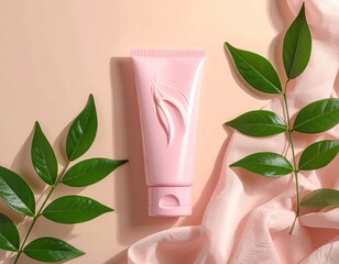 Pink skincare tube with leaf design on cloth, fresh leaves