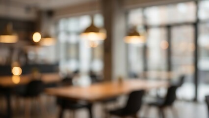 Blurred Interior of Modern Restaurant with Warm Pendant Lights