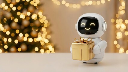 Cute Small Robot Holding Gold Gift Box in front of Christmas Tree