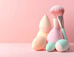 Assortment of makeup brushes and colorful sponges on a pastel background