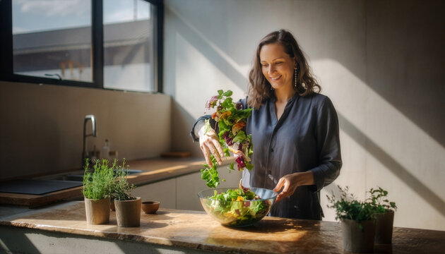 Smiling woman tossing salad in a bright kitchen