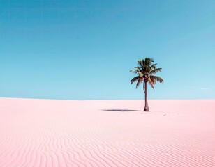 Palm tree stands alone on pink sand dunes under a clear blue sky