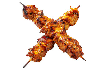 Anticuchos grilled beef meat skewer isolated on white transparent background, concept of South American barbecue cuisine.