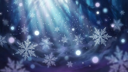 Magical Blue Winter Background with Falling Snowflakes and Light Beams