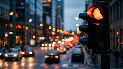 Traffic Light with Red Signal in Busy Night City Street