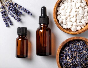 Amber bottles, flowers, stones, and bowls are arranged on a white surface