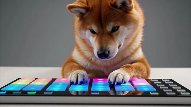 Shiba inu dog playing midi controller to make music.
With motion blur and bokeh effect .
