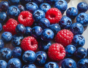 Close-up Image of Fresh Blueberries and Raspberries, Showing Detailed Texture