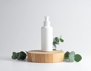 White skincare bottle on a wooden stand with eucalyptus leaves