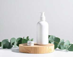 Clean, minimal spa setup bottle & jar on wood with eucalyptus