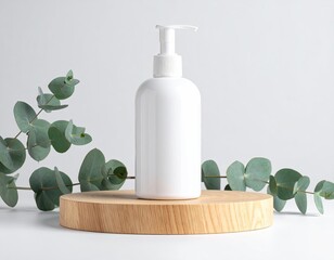White lotion bottle with pump nozzle on a wood slice with eucalyptus
