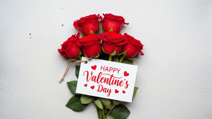 Bouquet of red roses with happy valentines day greeting card on light textured background