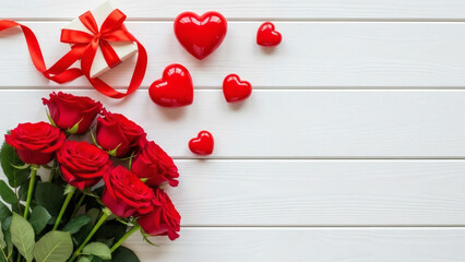 Red roses bouquet and shiny hearts with ribbon on white wooden background for valentines day