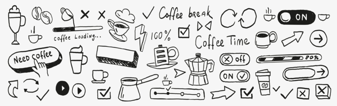Hand drawn coffee UI doodle icon set with buttons, toggles, arrows, progress bars, cups and coffee phrases. Playful black line art elements for apps, websites, stickers and cafe branding.