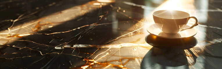 Elegant coffee cup on marble table with warm sunlight