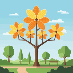 Stylized park scene with a flower tree bench and other trees.