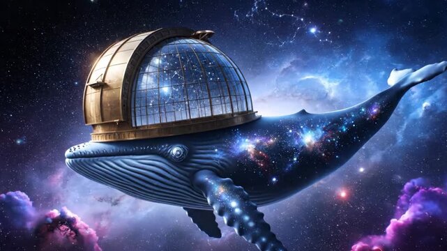 Cosmic whale with observatory dome floating through the galaxy.
With motion blur and bokeh effect .