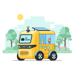 Fototapeta premium Yellow ice cream truck with robot icon and solar panel in park.