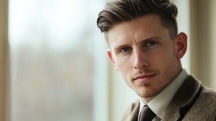 A man with a neat haircut, wearing a suit and tie, standing in front of a window with a neutral background.