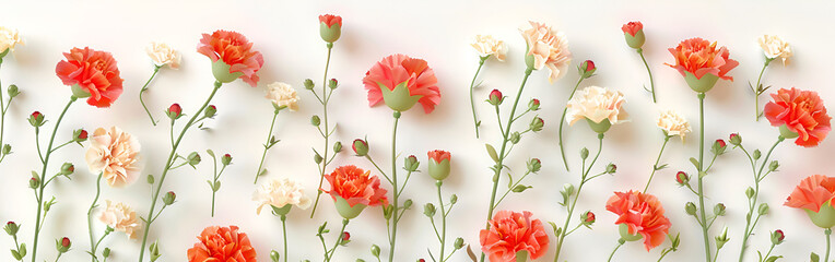 Vibrant orange and white carnations on white background for decoration
