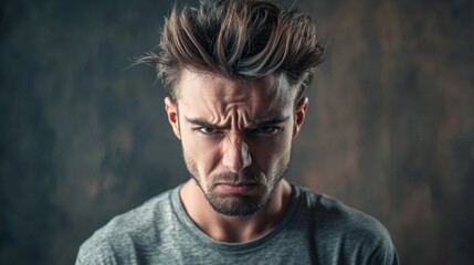 A man with tousled hair, wearing a gray t-shirt, is standing against a dark, textured background. He appears to be in a contemplative or serious mood, with his eyebrows raised and a furrowed brow.
