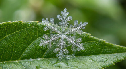 Snow flake on green leaf