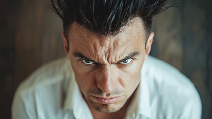 A man with spiky hair, wearing a white shirt, looking directly at the camera with a serious expression.