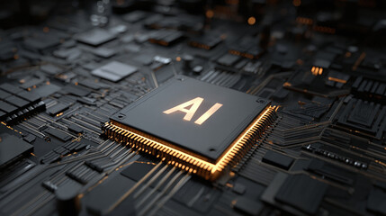High-tech computer chip with 'AI' symbol at its center on a complex dark motherboard