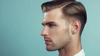 A man with a stylish haircut, wearing a white shirt, standing against a blue background.