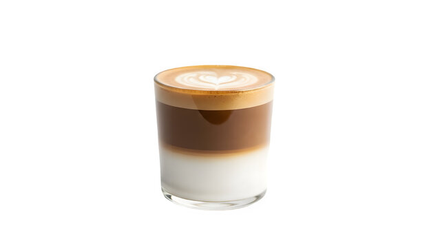 Glass of layered latte with creamy foam isolated on transparent background