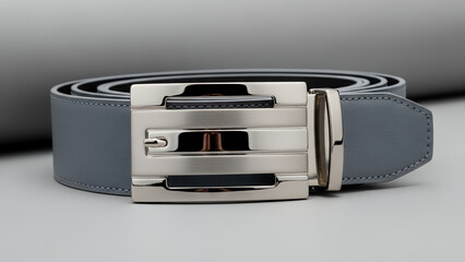 Classic chunky leather belt with an ornate brass buckle on a textured background	
