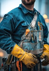 A man in a blue jumpsuit and yellow gloves, holding a tool belt with various tools and wearing a beard, standing in front of a blurred industrial background with bright lights and reflections.