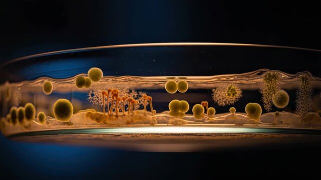 Time lapse composite of bacteria and mold colonies growing in a petri dish culture. Scientific microbiology experiment showing microorganism development for research