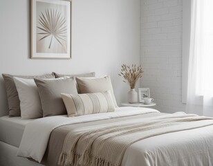 Fototapeta premium Bright cozy bedroom with white bedding, neutral pillows and beige throw blanket, soft daylight by window, modern minimalist Scandinavian home decor interior
