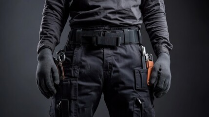 A man in black tactical gear, holding a gun and a knife, standing in front of a dark background.