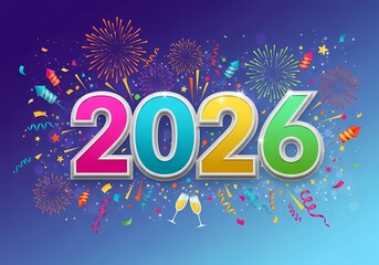 Happy New Year 2026 Celebration Illustration with Colorful Numbers, Fireworks and Party Confetti Background