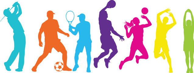 Colorful sports activity silhouette vector, diverse athlete poses, vibrant motion design, fitness concept art, cad drawing flat vector illustration