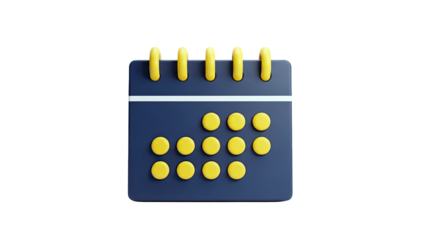 3D calendar icon with yellow dots and rings on transparent background