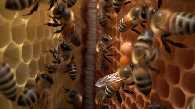 Honeybees working together on honeycomb in beehive.