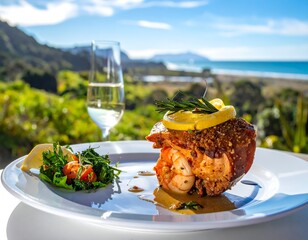 Fine dining experience on a bright, sunny day, with coastal views