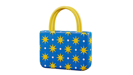 Blue tote bag with yellow stars and pink dots pattern on transparent background