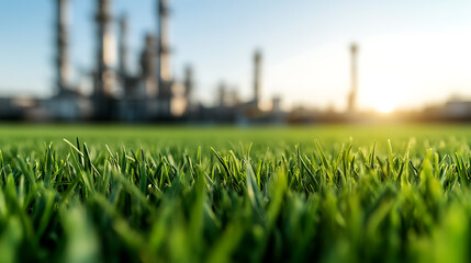 Lush green grass in foreground, contrasting with the towering industrial structure in soft focus at a distance, bathed in the warm glow of the setting sun. Nature meets industry.