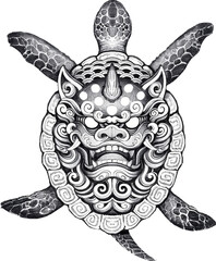 Naklejka premium Intricate sea turtle illustration with a mystical Japanese oni mask on its shell.