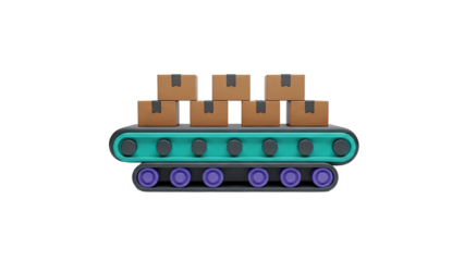 Conveyor belt with stacked cardboard boxes on transparent background