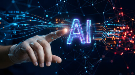 Human hand interacting with glowing AI interface in futuristic tech environment