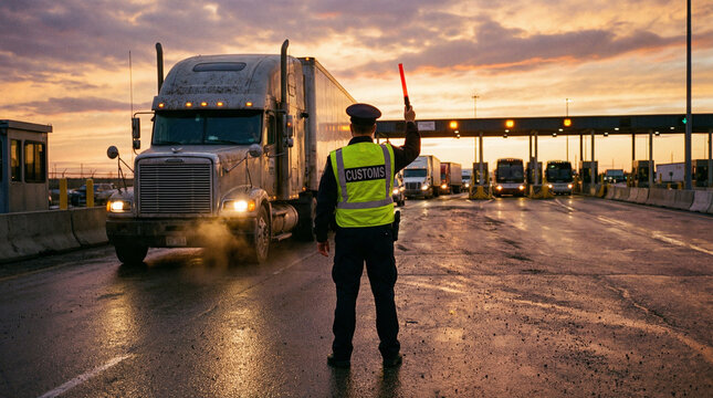 Customs officer stopping cargo truck at busy border checkpoint